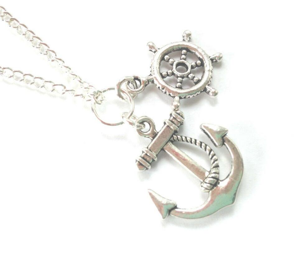 

Nautical Anchor Necklace Antique Silver Charms Pendant Statement Naval Ship Wheel Helm Designer Necklace for Women Jewelry Friendship Gift