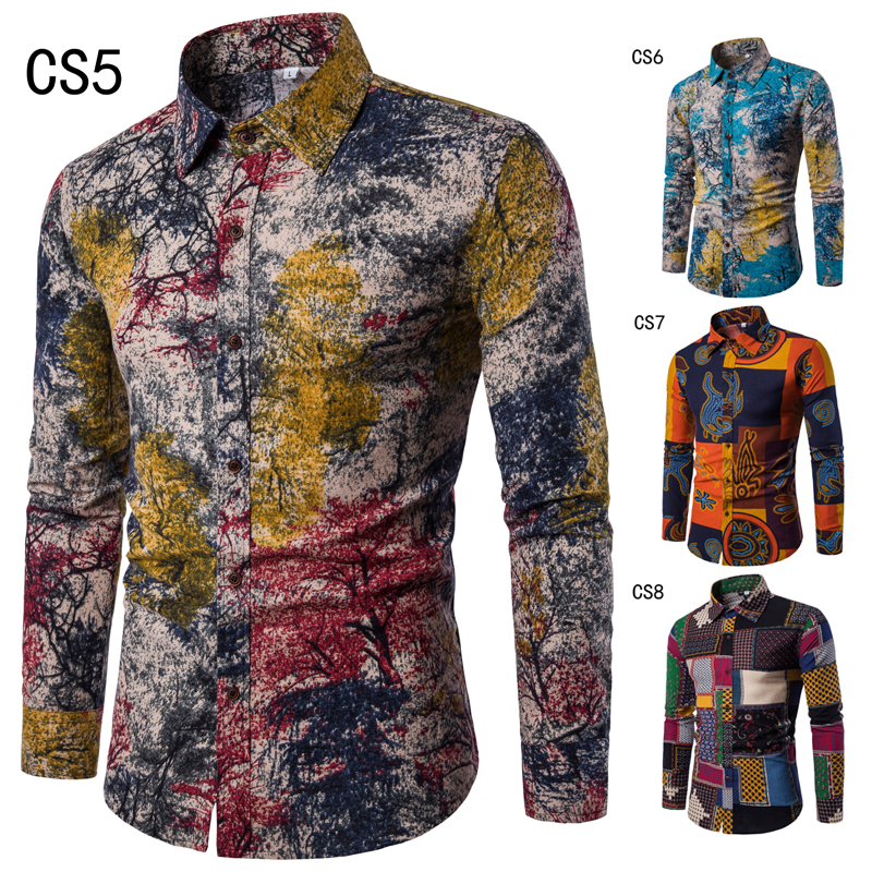 

hot sale Fashion Spring Autumn Casual Men Shirt Slim Fit Flower Print Linen Shirt Long-sleeved Shirts Male Floral Social Masculina M, 3#