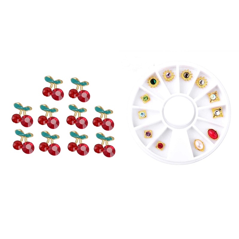 

10Pcs Shiny 3D Cherry Shape Nail Art Rhinestone Studs Glitters Manicure Crystal & 1 Set 5mm Nail Art Sticker Tip Decal 3D Acryli, White