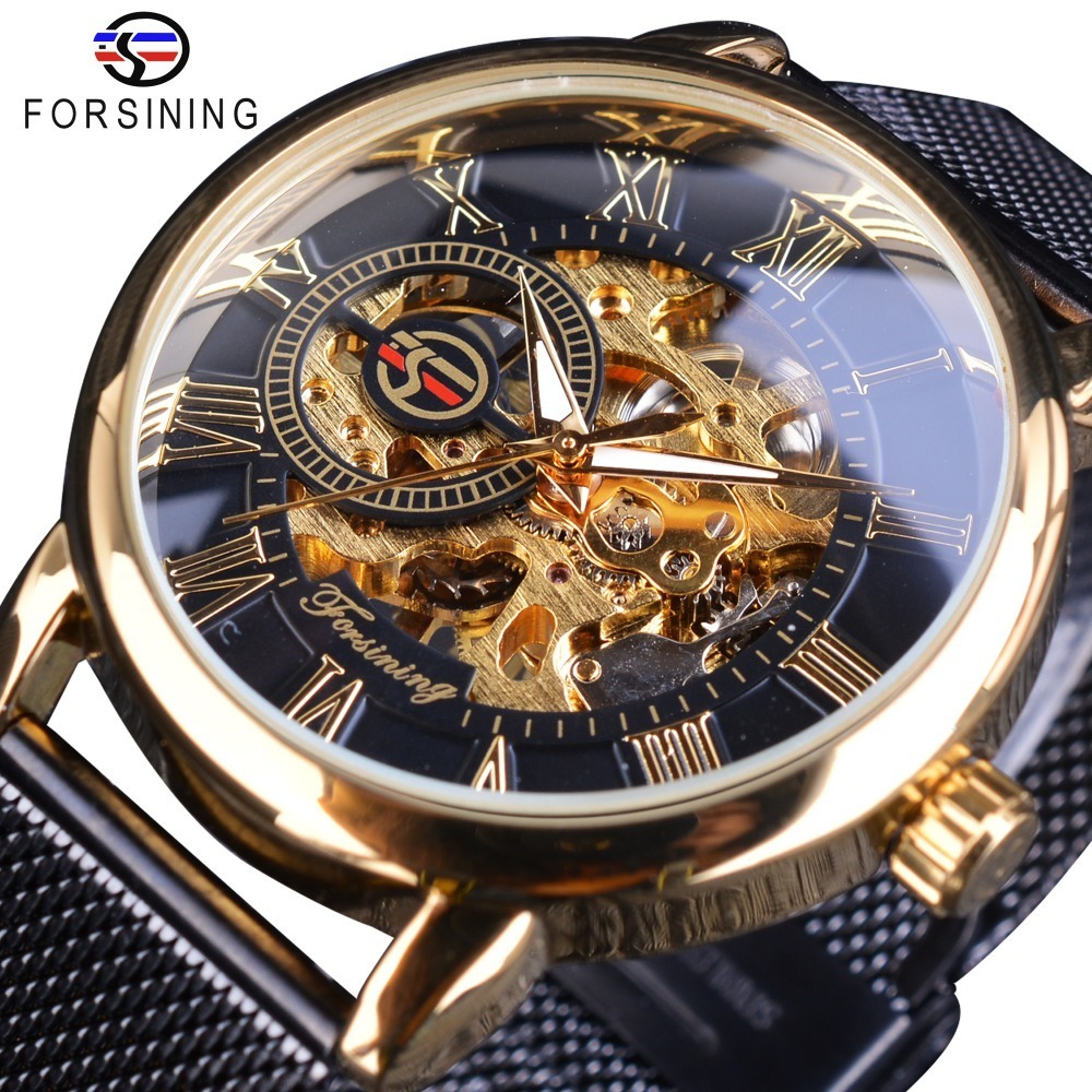 

Forsining 2018 Classic Retro Luxury 3d Roman Number Black Mesh Band Transparent Men Mechanical Skeleton Watches Top Brand Luxury J190709, White golden