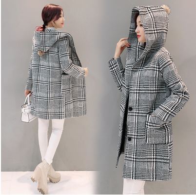 

Hooded plover grid cloth coat of new fund of autumn winters is female students long woolen cloth coat cultivate morality, Multi
