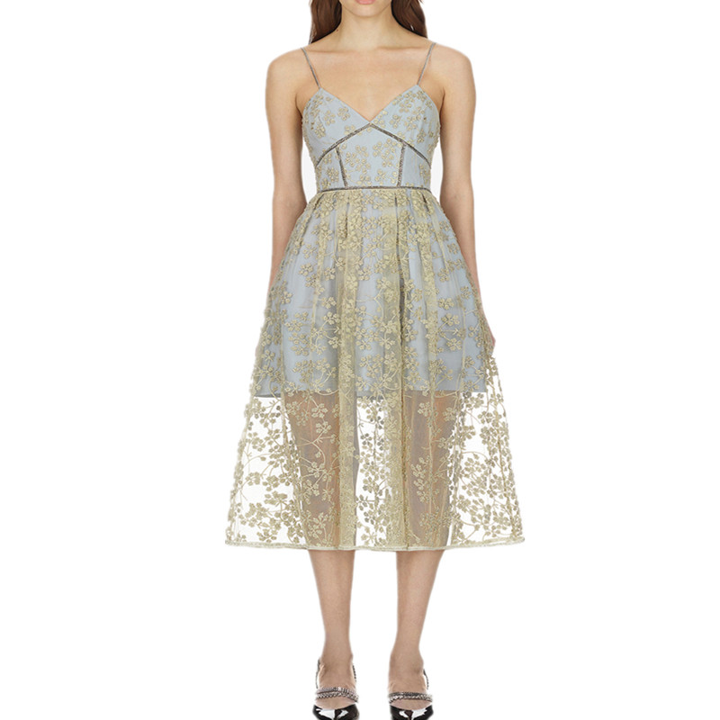 

2019 New arrive Women Summer Blue A Line Spaghetti Strap Sleeveless Gold thread Ankle Length embroidery strap Party Dress, White;black
