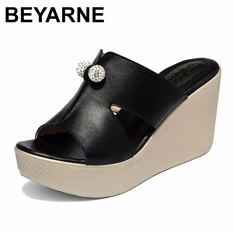 

BEYARNE 2020 New Summer Genuine Leather Platform Wedges Sandals Women Fashion High Heels Female Summer Shoes Size 35-43E277, Black