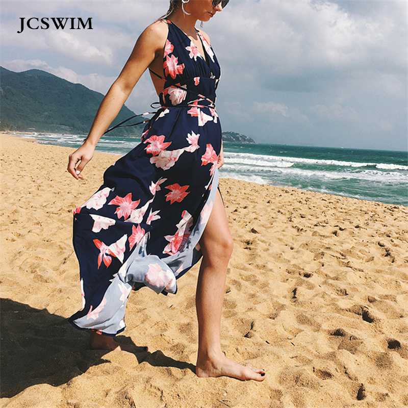 

JCSWIM Summer Long Tunic Beach Dress Women V Neck Print Bikini Bathing Suit Cover Up Swimsuit Dress Sexy Halter Fashion Swimwear