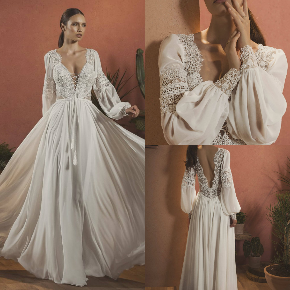 

A Line Wedding Dresses V Neck Long Sleeve Appliques Beads Lace Plus Size Wedding Dress Sweep Train Robes De Mariée, Ivory