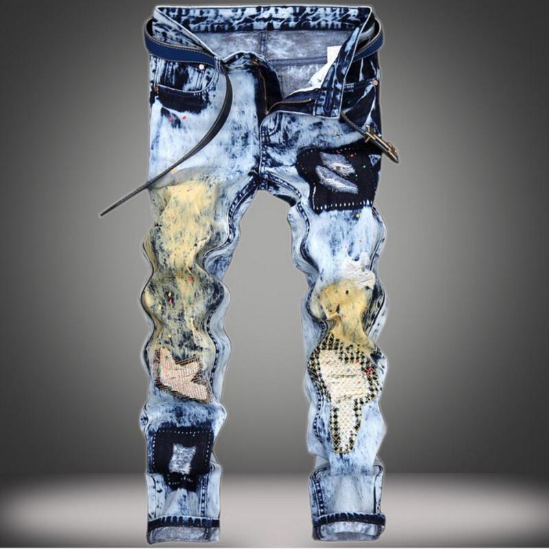 

EL BARCO Vintage Cotton Denim Jeans Men Autumn Hip Hop Streetwear Ripped Holes Male Pants Soft Patchwork Funny Blue Trousers New, Vintage orange 170