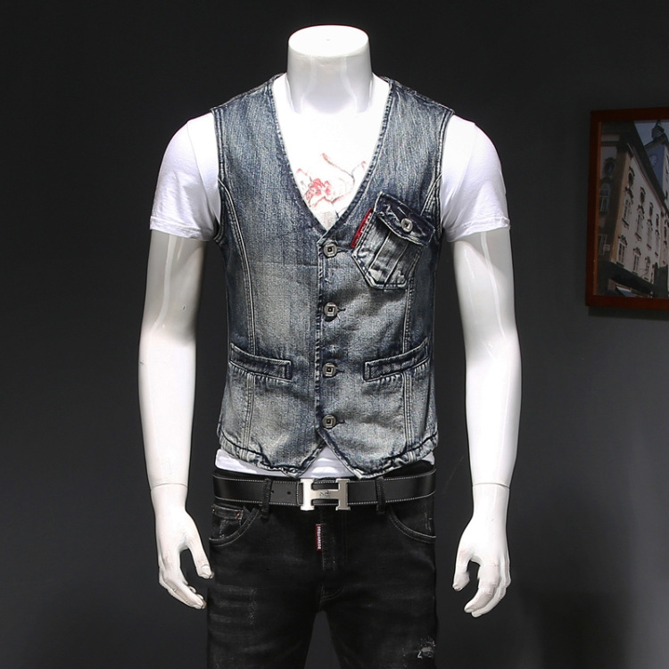 

Fashion Suit Vest Mens Retro Slim Fit Denim Vests Vintage Sleeveless Biker Jacket Four Season Western Cowboy Waistcoat, Blue
