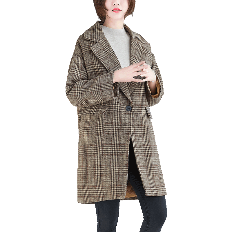

coat female New Winter women Korean style Woolen coat Loose Thicken Cardigan Tops Long sleeve Plaid woolen coats Youth clothing, Khaki