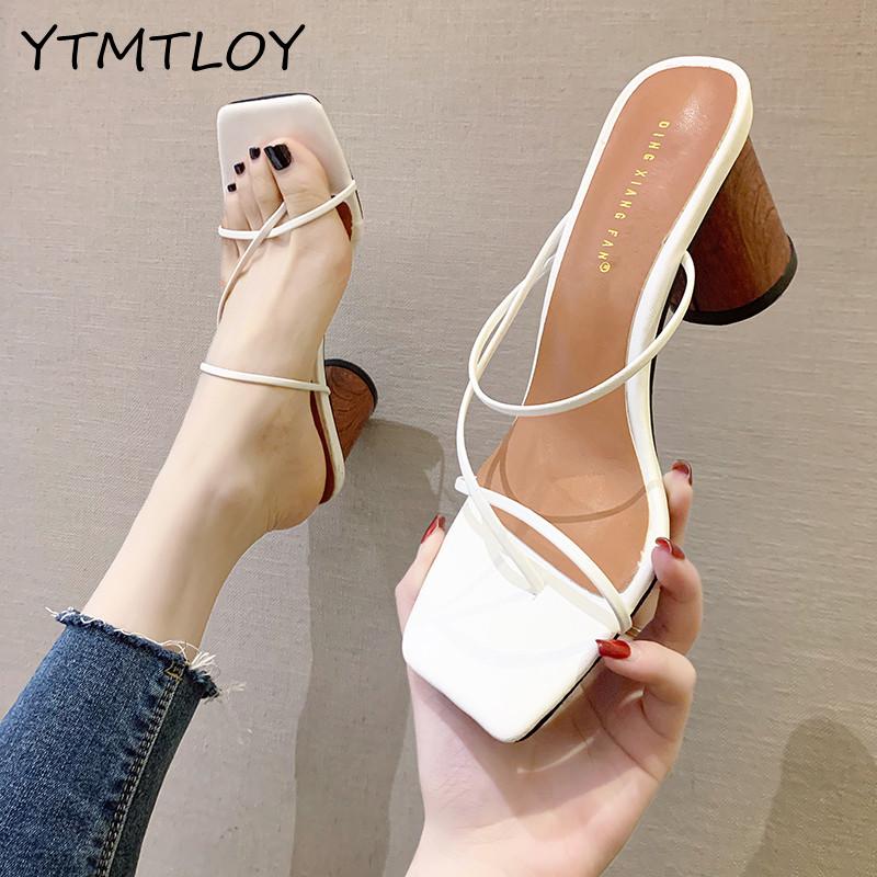 

White black strappy heels slippers women high heels flip flops square toe slides party shoes new Zapatista De Mujer De Marca