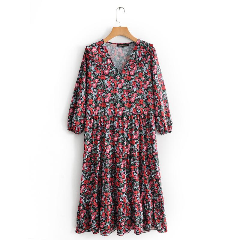 

Early autumn new style fashionable temperament V-neck long sleeve Flower Print Long Dress, Red