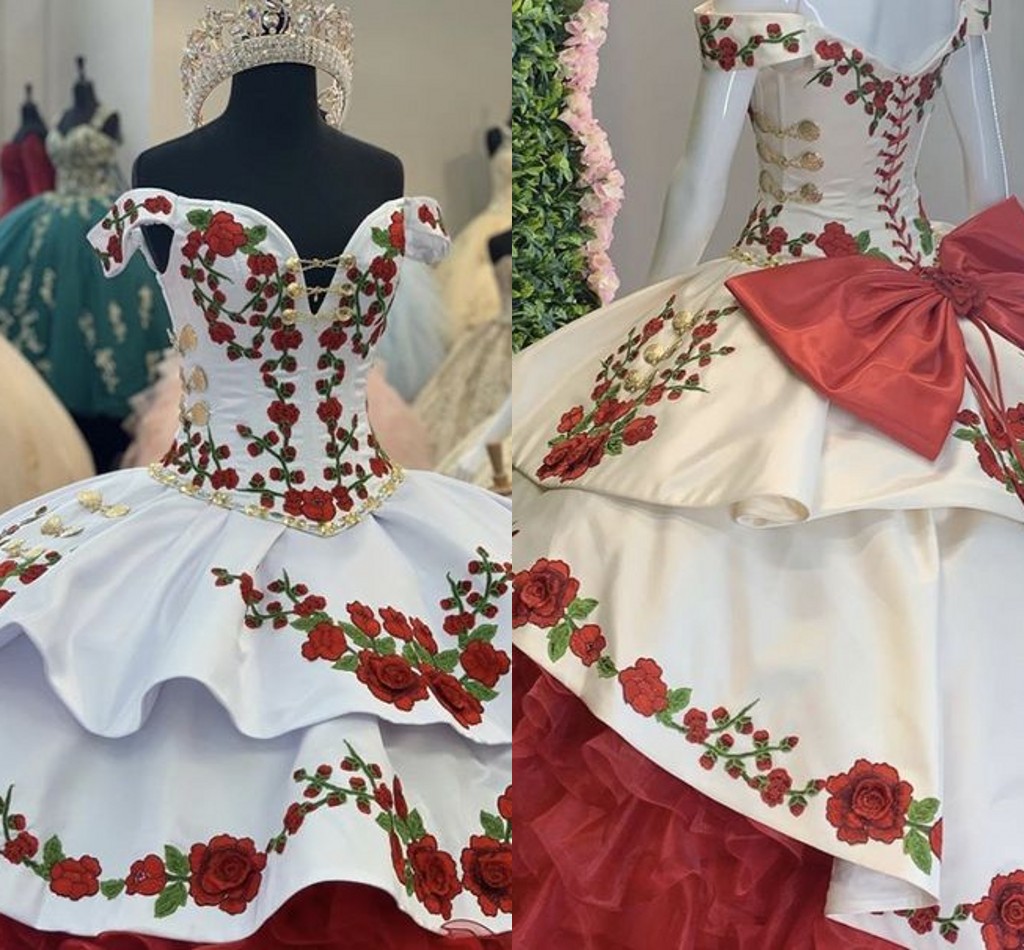 

Gorgeous Gold Red Green Embroidery Quinceanera Dresses Charro Off The Shoulder Bow Tiered Satin Ball Gown Prom Dress 7th Grade Sweet 15 Dres, White