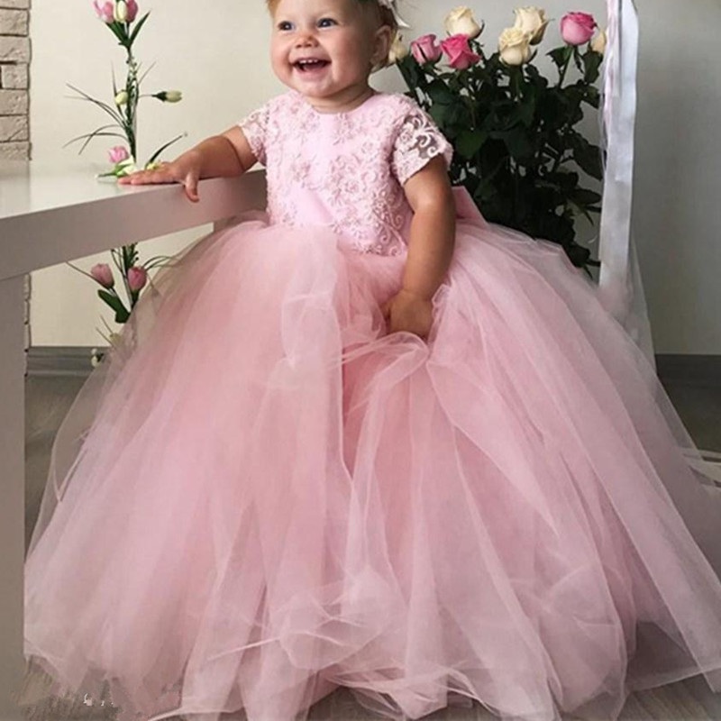 

Pink Baby Flower Girl Pageant Dresses Wedding First Holy Communion Dresses Jewel Neckline Short Sleeves Lace Kids Party Gown, All ivory