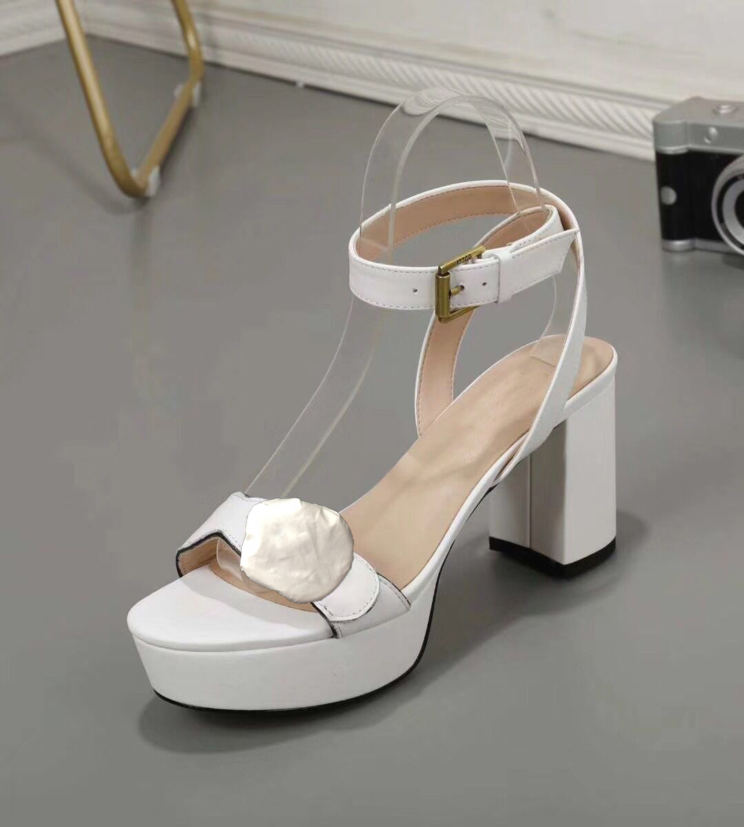 

Hot Sale- Leather Waterproof platform rough heel leather fashion woman shoes Metal buckle parties luxury Sexy sandals 42, Black