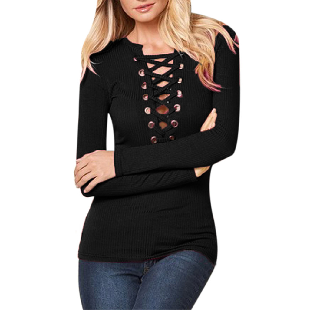 

Women Solid Black Blouse Long Sleeve Cross Bandage Grommet Blusas Female Casual Hollow Out Top Shirt