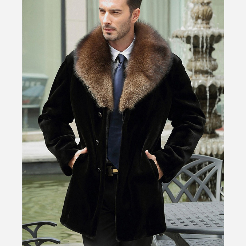 

Men' Fur & Faux Solid Vetement Winter Overcoats Office Long Plus Size Big Collar Coats For Males, Black