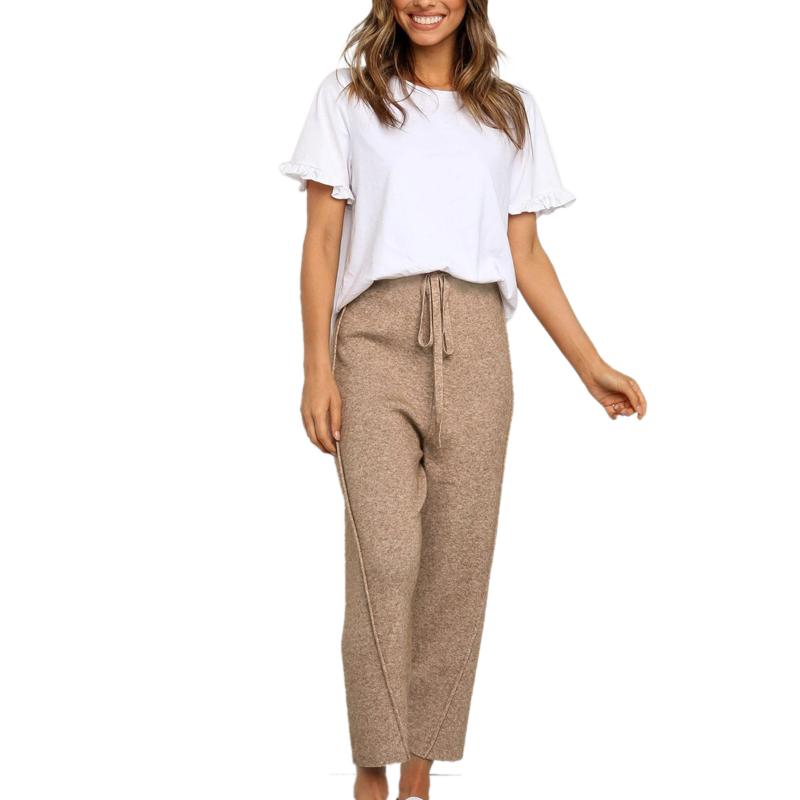 

Women Fashion Knitted Casual Trousers Girl Korean Waist Bandage Solid Color Straight Long Pants, As pic