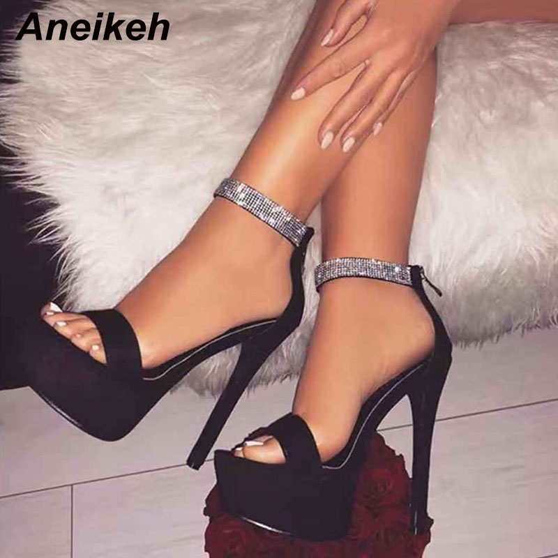 

Aneikeh Summer Rhinestone Buckle Platform Sandals Women Roman Thin High Heels Pumps Cover heel Nightclub Party Shoes Size 35-42, Black