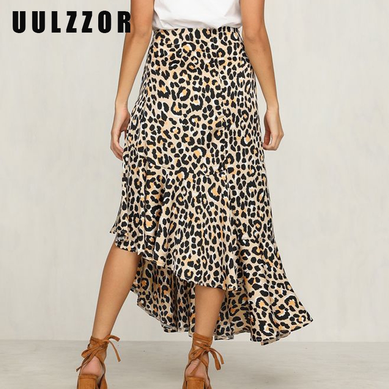 

UULZZOR Women Leopard Print Ruffles Split Irregular Skirt High Waist Zipper Ladies Skirts Sexy High cut bohemian summer skirt, Leopard skirt