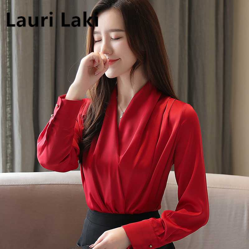 

V-neck Blouse Women Elegant Satin Long Sleeve Shirt Mujer Femme Office Shirt Black White Women Tops and Blouse 2020, Beige