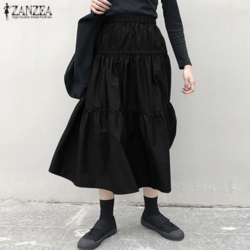 

Stylish Summer Skirts Women High Waist Solid Ruffles Skirt Jupe ZANZEA Casual Patchwork Skirts Faldas Saia Party Vestido Femme, Black