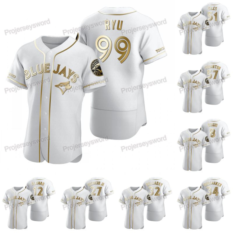 

Hyun-Jin Ryu White Golden Edition Jerseys Roberto Alomar Cavan Biggio Vladimir Guerrero Jr. Roy Halladay Teoscar Hernandez Ken Giles Jerseys, Blue;black