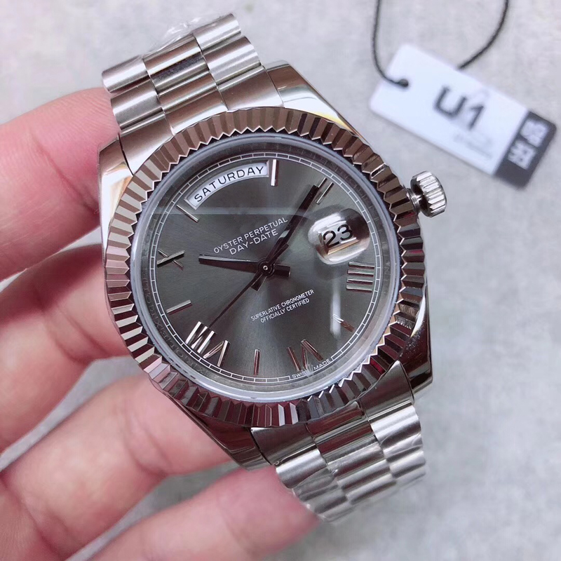 

U1 Factory DAY DATE Gray Rome Number Face Big Date Automatic Mechanics Watch Men Sapphire Glass Stainless Steel luxury mens watches, Only box price;not watch price
