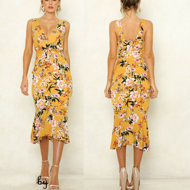 

Women' Boho Floral Chiffon Ruffled Pencil Dress New Summer Lady Sleeveless V neck Trumpet Dresses Party Beach Dress Sundress, Black