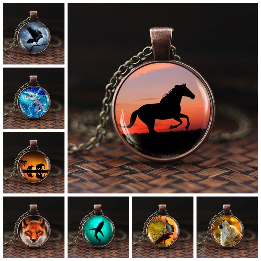 

Men Cool Elephant Fox Horse Shark Wolf Pendant Necklace Women Fashion Choker Necklace Wild Animal Glass Cabochon Jewelry Gift
