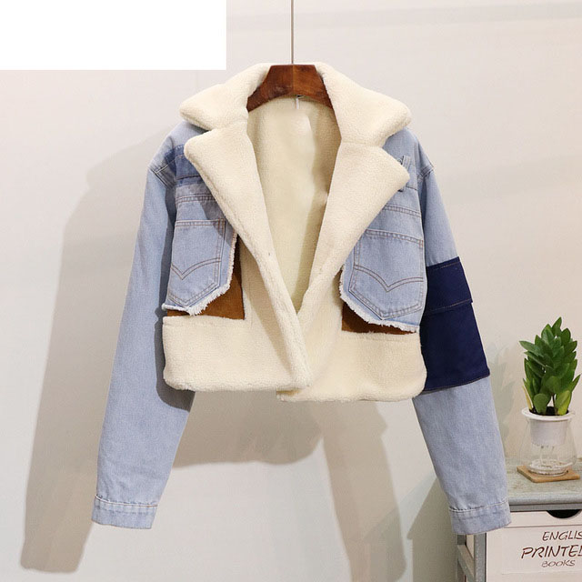 Women Denim Parka with Fur Long-Sleeve Jean Jacket Casual Basic Warm Jeans Coat Female Blue Short Winter Bomber Jacket