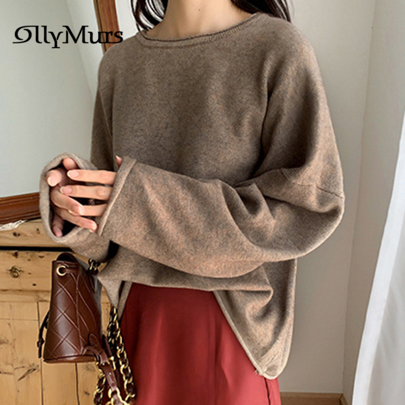 

Fashion O-neck Ladies Pullover KM096 Autumn Loose Long Sleeve Knitting Tops Vintage Khaki Pullovers Sweaters Plus Size, Black