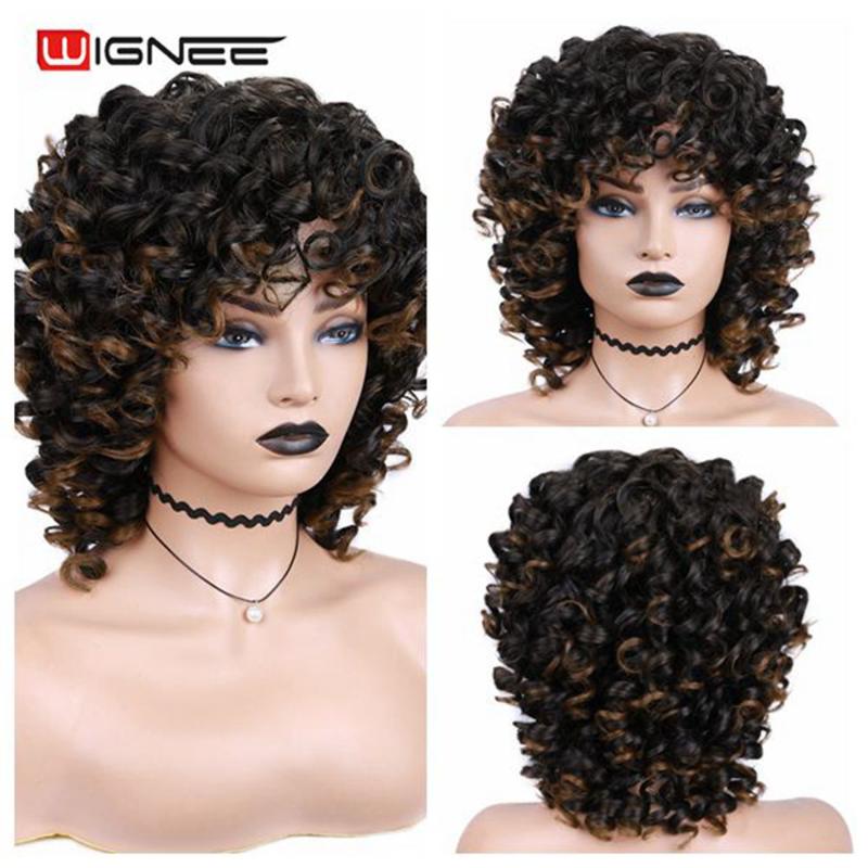 

Wignee Short Ombre Brown Curly Synthetic Wigs Heat Resistant Natural Fiber Hair Afro Fake Hair American For Black Women Wigs