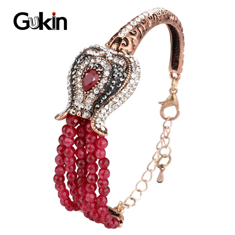 

Gukin Red Natural Stone Vintage Bracelet Antique Gold Color Crystal Women's Bracelets Christmas Gifts Boho Jewelry