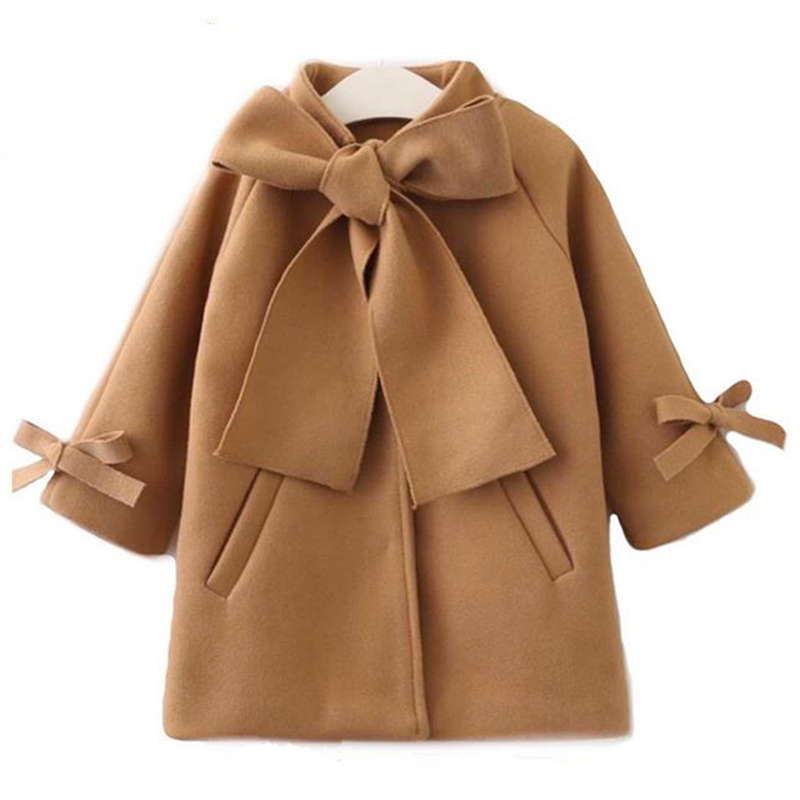 

Autumn Kids Baby Girls Overcoat Woolen brown Bowknot Single Breasted Coat For Girl Outerwear Winter Warm Clothes Snowsuit 2-8Yrs, As picture