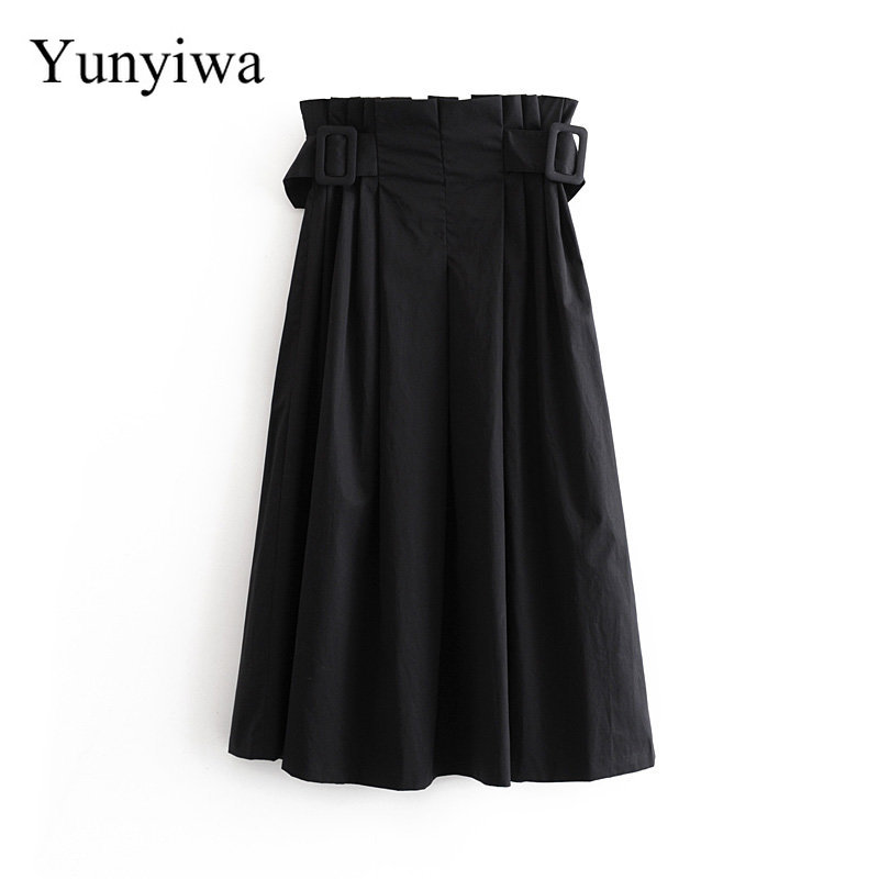 

Women Fashion Elastic Waist Side Zipper Pleats Midi Skirt Autumn Female Chic Belt Casual Stylish Skirts Vestidos Mujer, As picture
