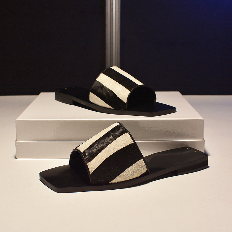 

Horsehair leather slipper ladies Europe station 2020 summer new low heel square head slippers for ladies wear loafers, Black