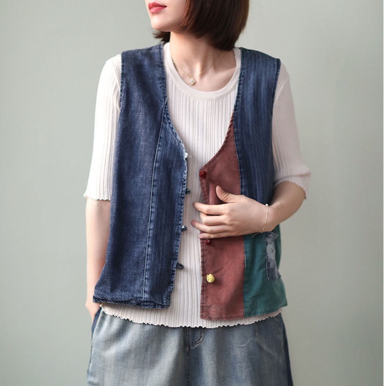 

2020 summer new art retro plate buckle loose color short style denim vest, Blue