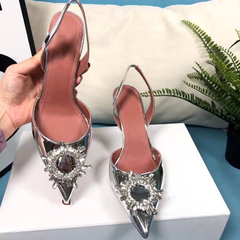 

Perfect Official Quality Amina Begum Crystal-embellished Satin Slingback Pumps Muaddi Crystal Elasticated Slingback Strap Shoes high 7cm 9cm, Black