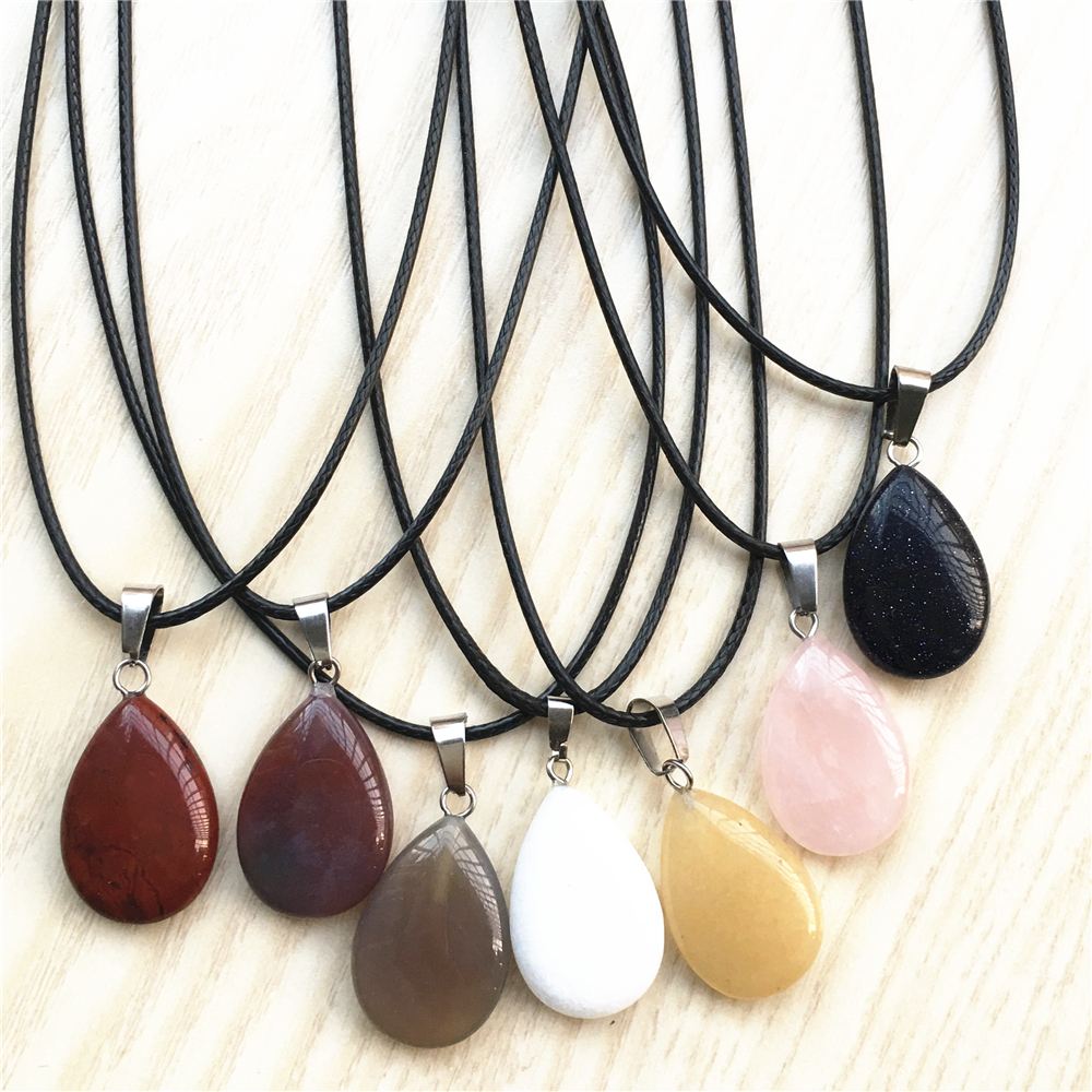 Pierre naturelle cristal Quartz opale goutte d'eau pendentif collier chaînes en cuir pour hommes femmes bijoux de mode