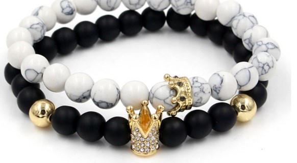 

8mm 2PCS/Lot khg4 gold silver Copper cz zircon cubic zirconia elastic crown white Howlite volcanic lava Bracelet Bangles