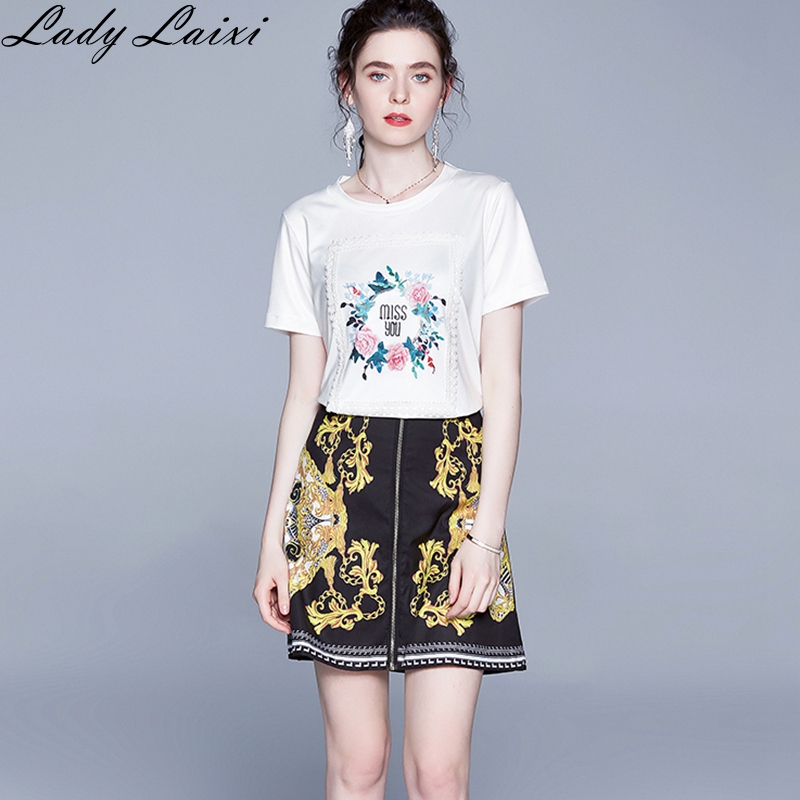 

2020 Summer High quality Runway Vintage Print 2 Piece Set Women white Tshirt Top and Mini skirt Casual Outfit, As picture