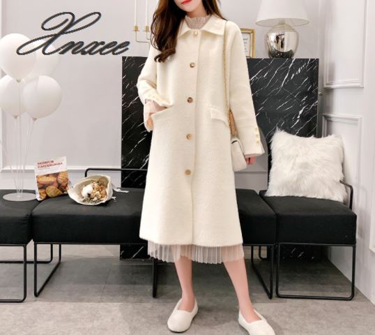 

2019 new spring and autumn women's double-sided coat woolen coat suit collar solid color long section woolen winter Xnxee, Black