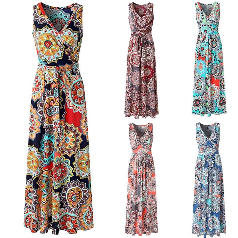 Robes décontractées Grande Taille Summer 2021 Femme Long Beach Imprimé Sun Fleur Sans Manches Boho Maxi Robe transversale habillée