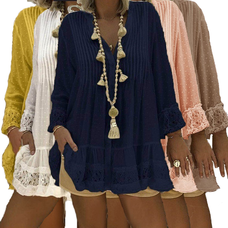 

Lace Casual Blouse Women Hollow Out Shirts V Neck Long Sleeve Female Tunic Loose Dot Baggy Autumn Womens Tops Plus Size 5XL, Khaki