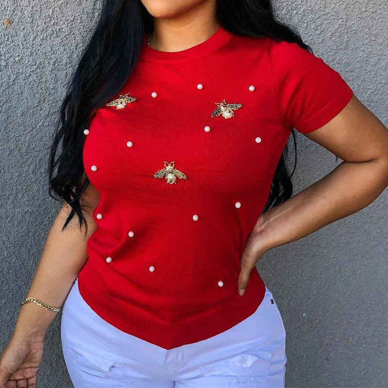 Africa Pearl Beading Short Sleeve Women T Shirts Solid O Neck Plus Size Ladies Tshirts Summer 2020 Fashion Casual Female Tops T200613