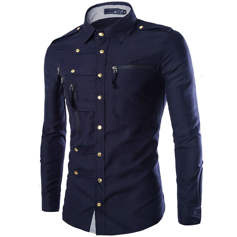 

Quality Casual Zipper Multi Button Shirt Slim Men's Shirts Complex Long Sleeve Shirt Men Clothing Camisa Masculina, Black