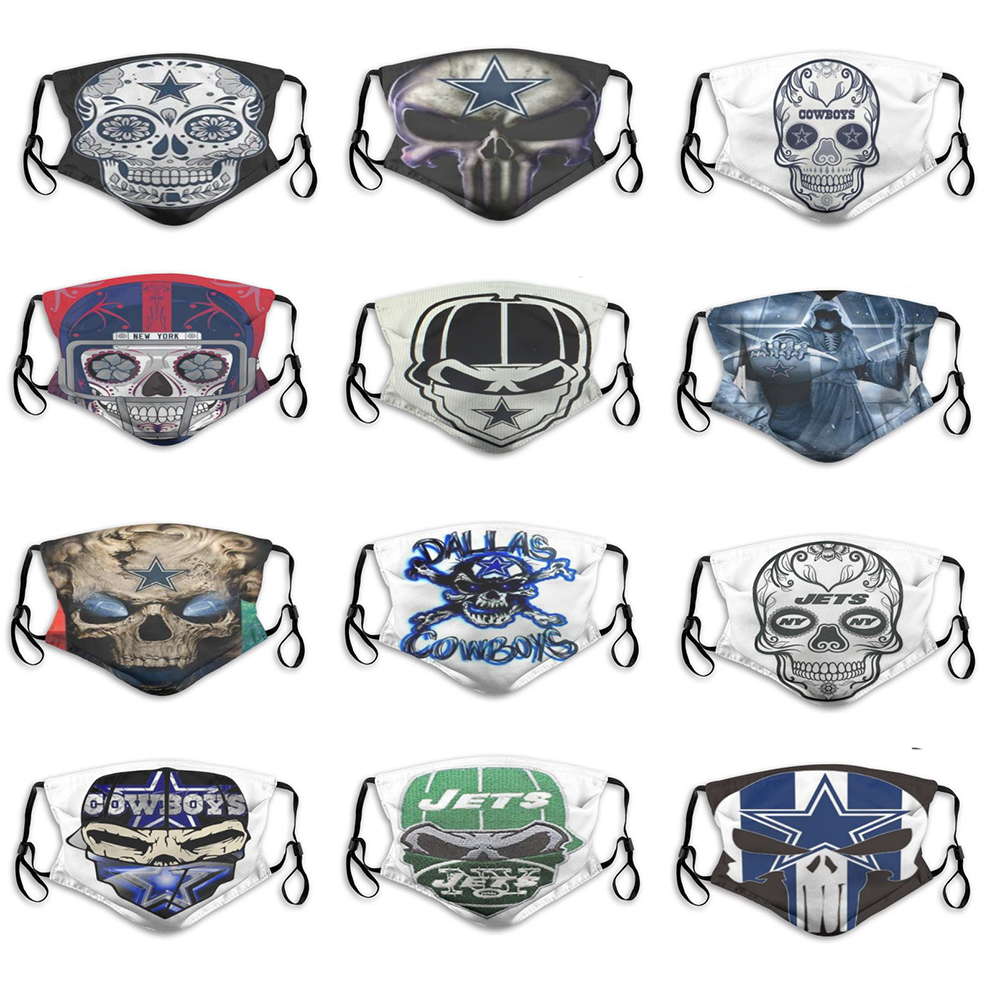 

2020 new designer 5-layer dust mask men football team Cowboys Jets fashion ice hockey breathable personality skull face mask boy, Black