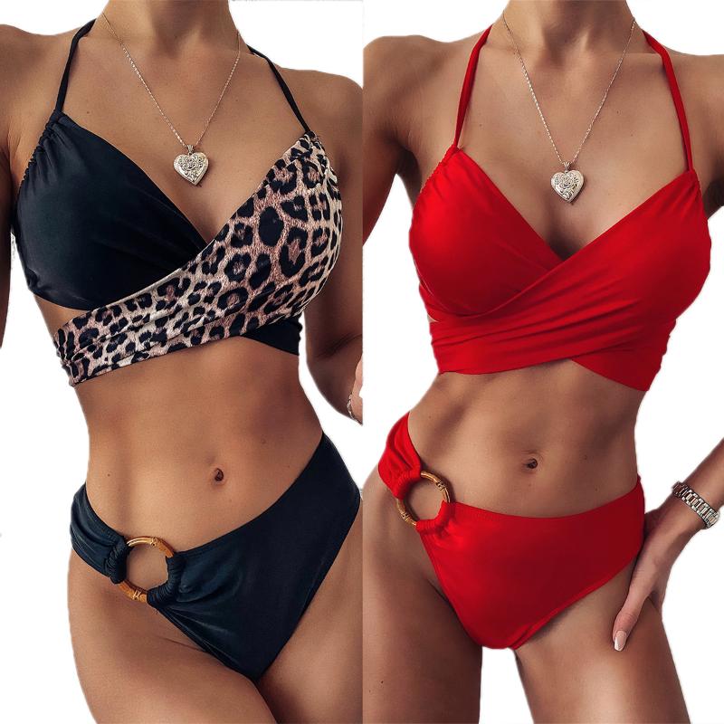 

Women' Leopard Bikinis Bandage Bikini Suits Halter Top and High Waist Split Swimsuit Two Piece Set Bikini Beachwear, As photo shows