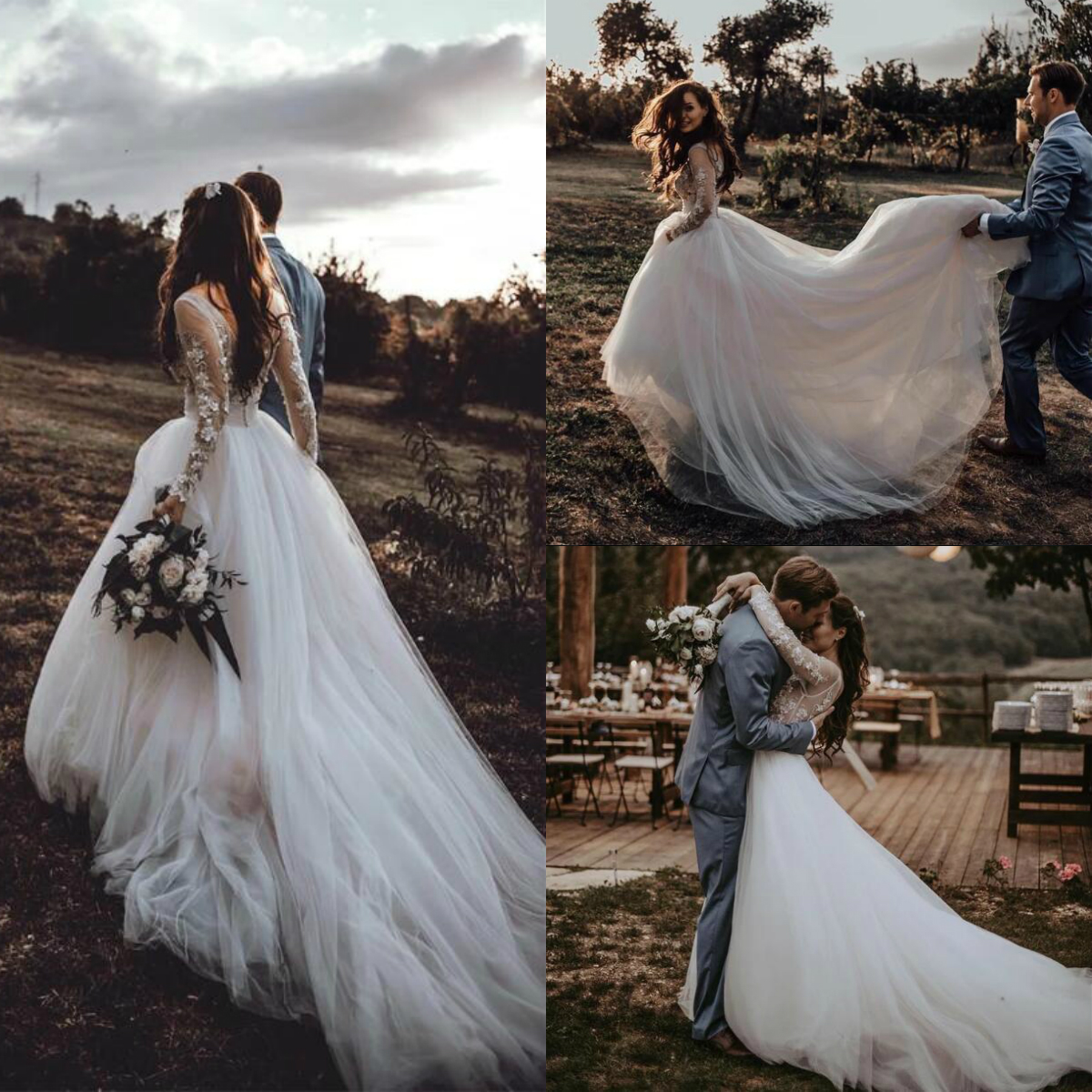 

Bohemian Country Wedding Dresses 2020 A Line Long Sleeve Lace Applique Boho Wedding Gowns Custom Made Beach Bridal Dress, Gray