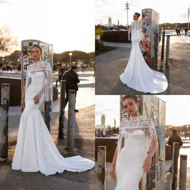 

Crystal Design Mermaid Wedding Dresses With Wrap Applique Tassel Sweep Train Beaded Boho Wedding Dress Custom Made Plus Size Robes De Mariée, Black