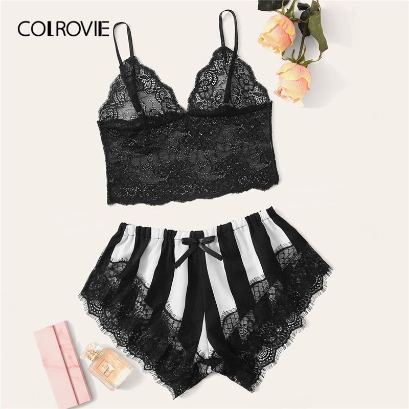 

COLROVIE Black and White Floral Lace Bralet And Striped Shorts Women Pajama Set 2019 Summer Nightgowns Ladies Sexy Sleepwear